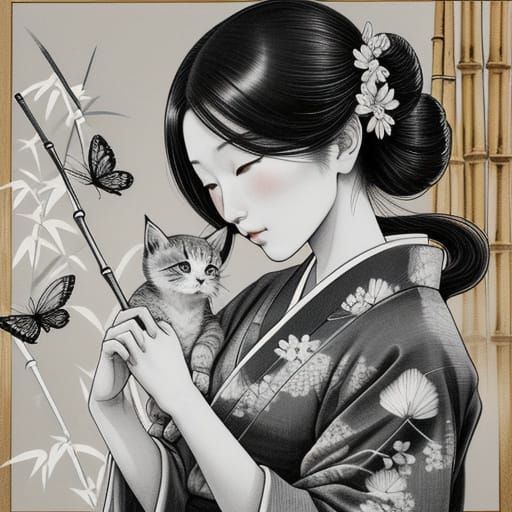 Kitten in Kimono: Japanese Ink Wash Painting