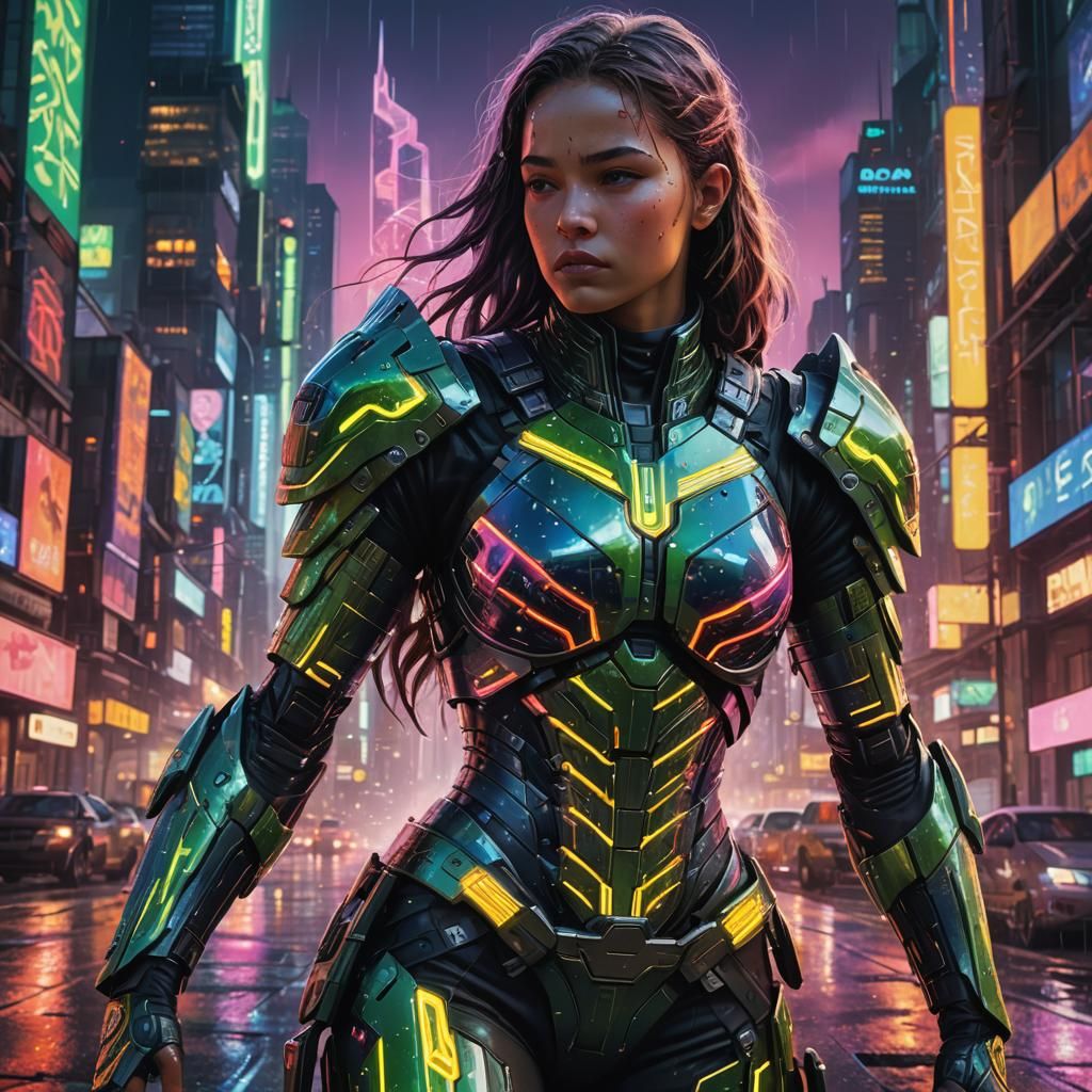 Android Warrior in Impressionistic Cyberpunk Cityscape