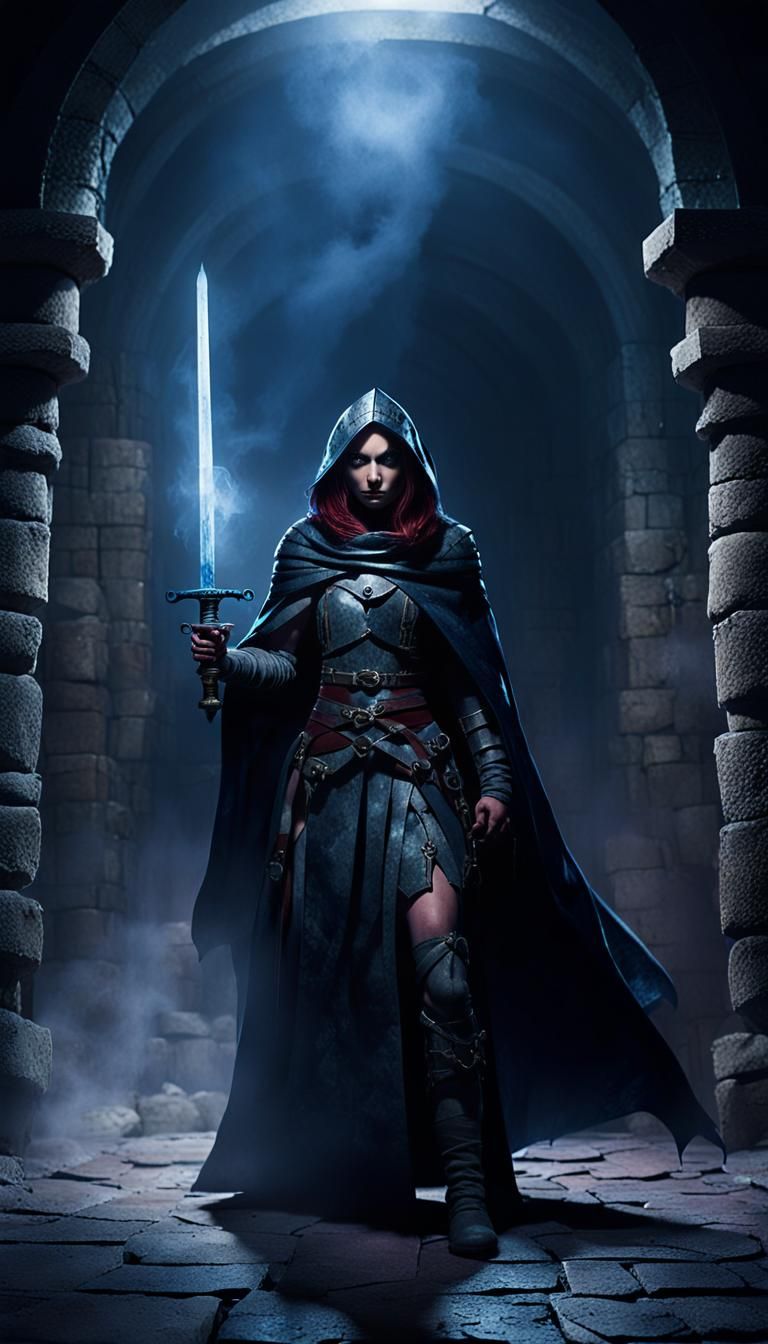 Female Warrior in Dark Dungeon with Glowing Sword