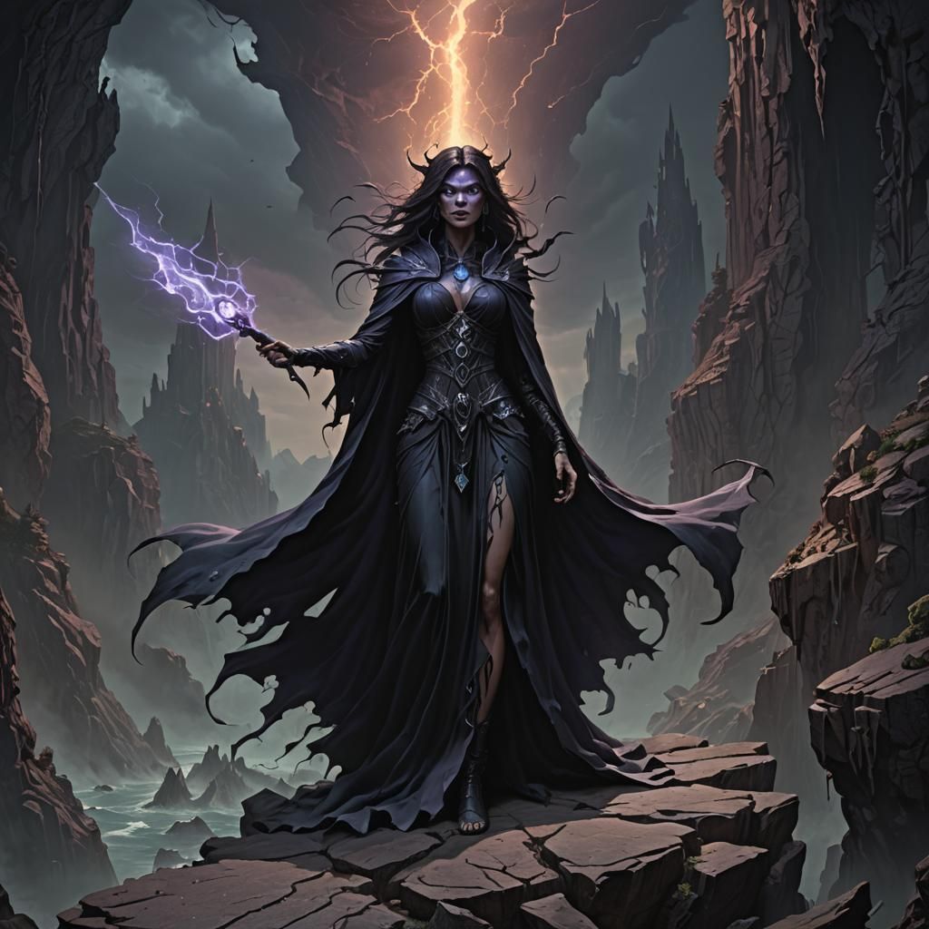A dark sorceress standing atop a jagged cliff, her flowing r...