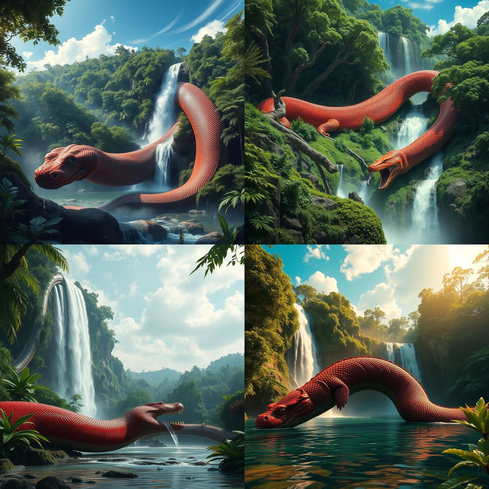 Giant Anaconda at Waterfall: Detailed Matte Painting