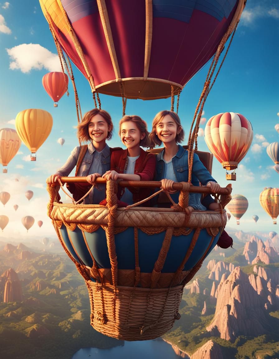Smiling Girls Enjoying a Hot Air Balloon Ride