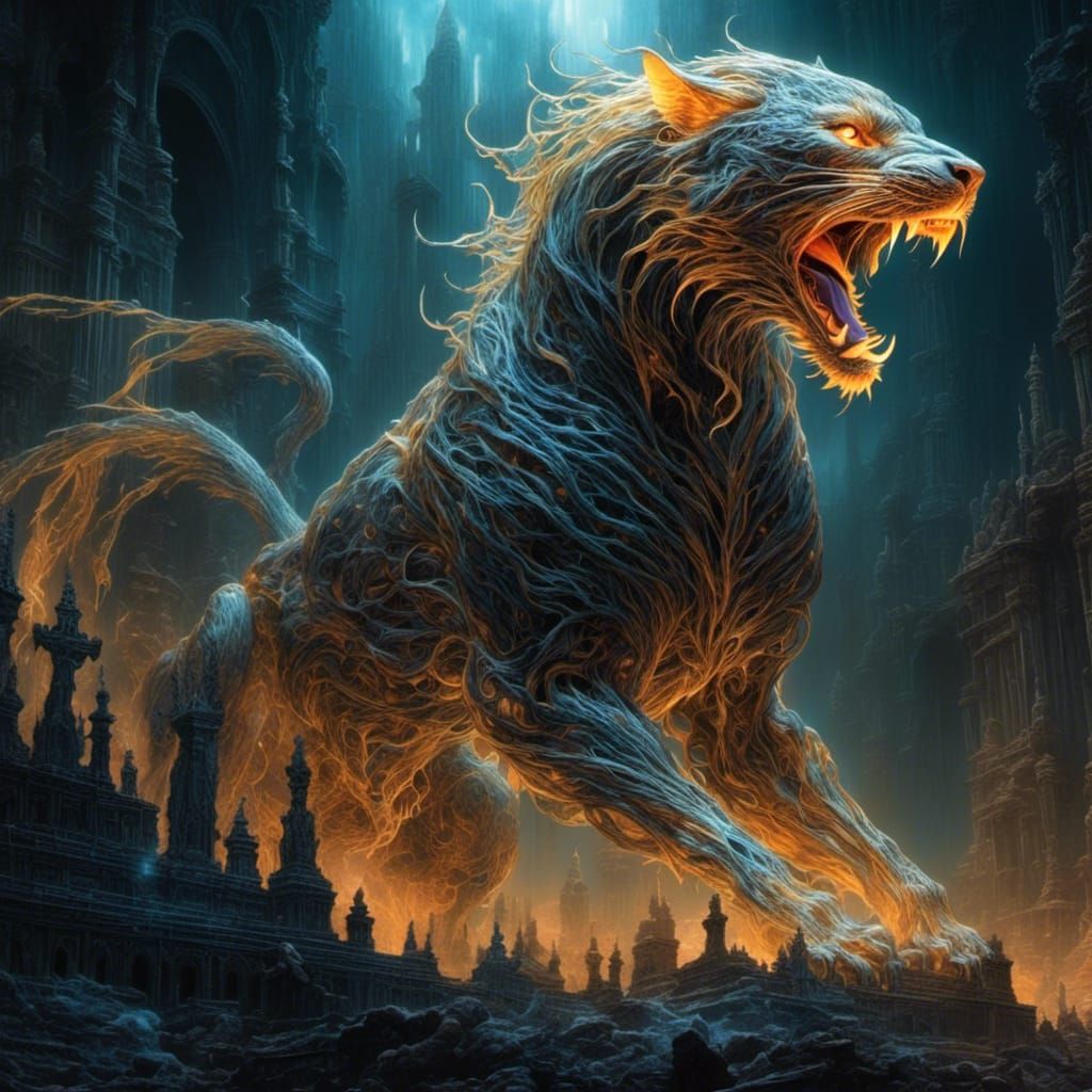 Translucent Ghost Panther in Dark Fantasy Landscape