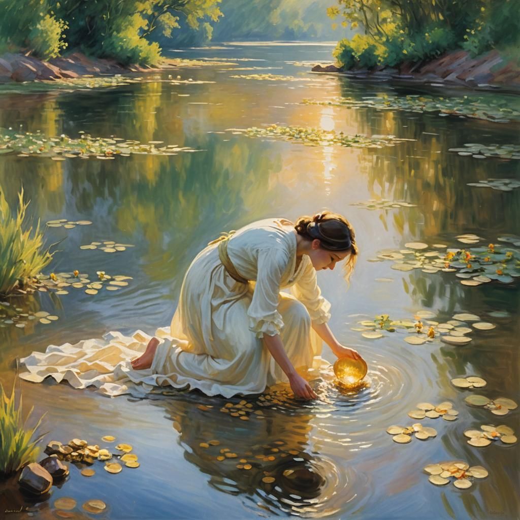 Woman Sieving Gold Nuggets: Impressionist River Scene