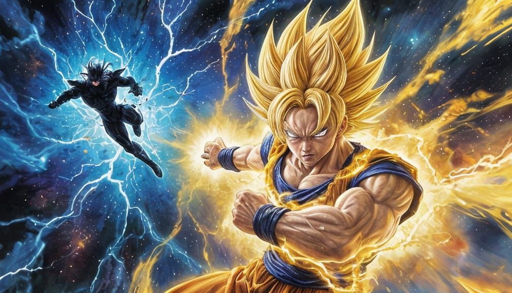 Super Saiyan Goku Charges Kamehameha in Gouache Style