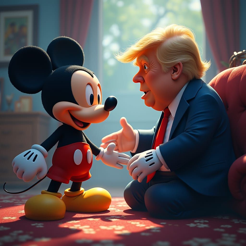 Mickey Mouse Meets Donald Trump in Vibrant Fantasy Scene