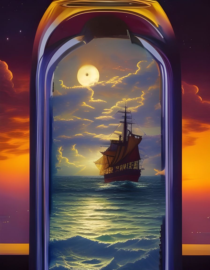 Cyberpunk Ship in a Bottle Sunset