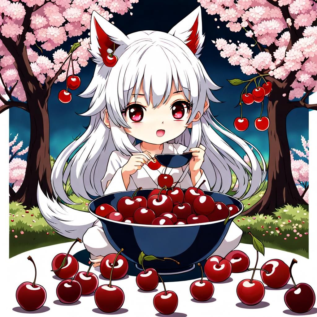Chibi Anime Girl with Wolf Ears and Cherries