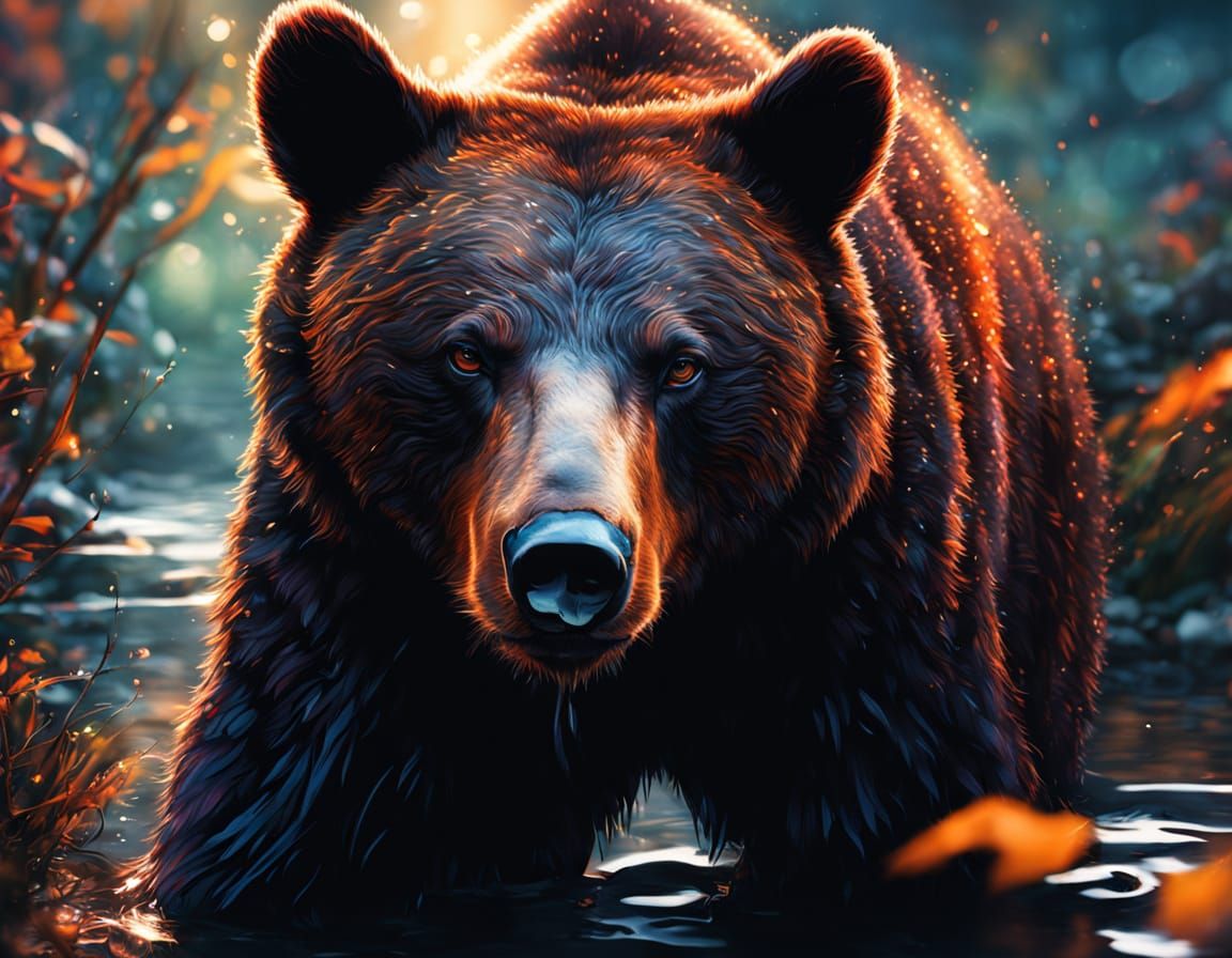 Mossy Black Bear Drinks in Fantasy Forest