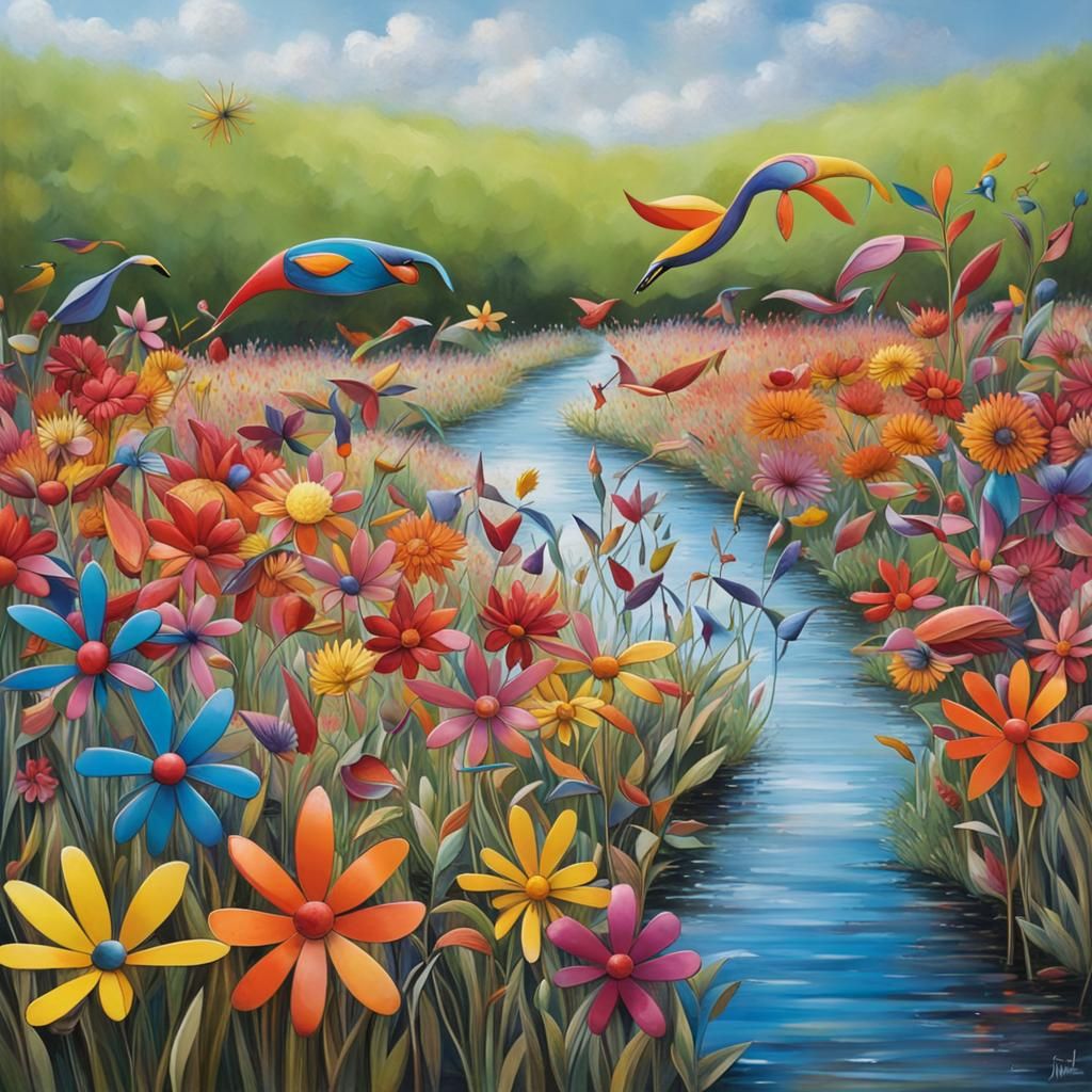 Colorful Metal Flowers by Stream with Birds