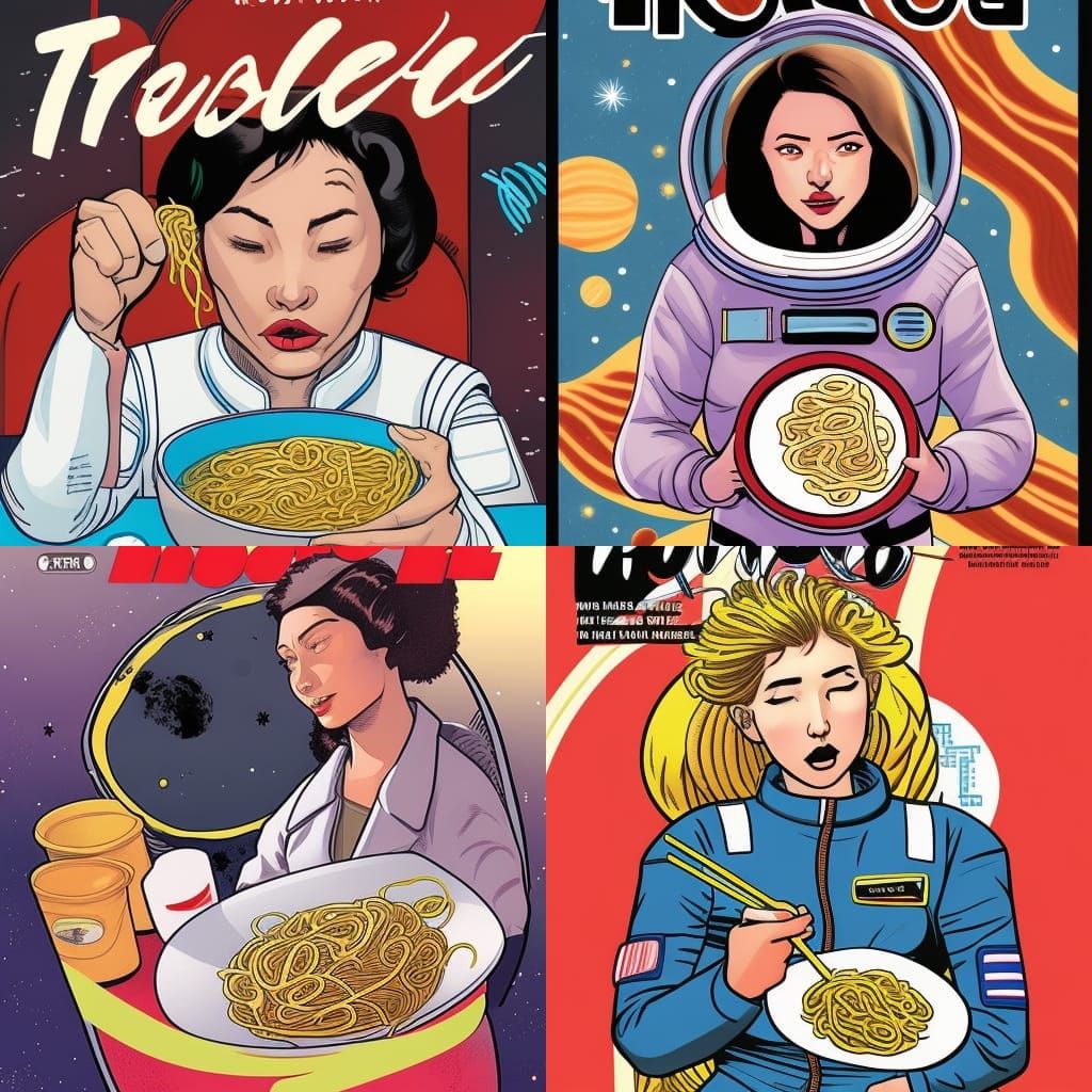 Woman eating noodles in space suit graphic novel cover, titled "THERESA"
