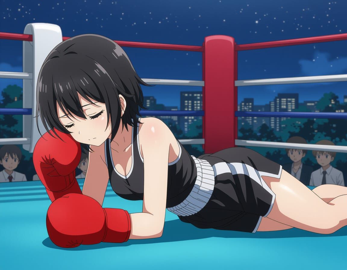 Anime Boxer Girl Sleeping in Ring at Night