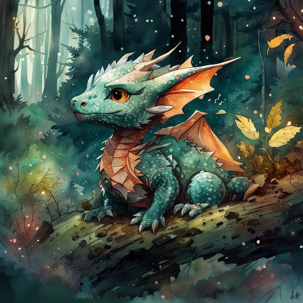 Adorable Baby Dragon in Watercolor Forest