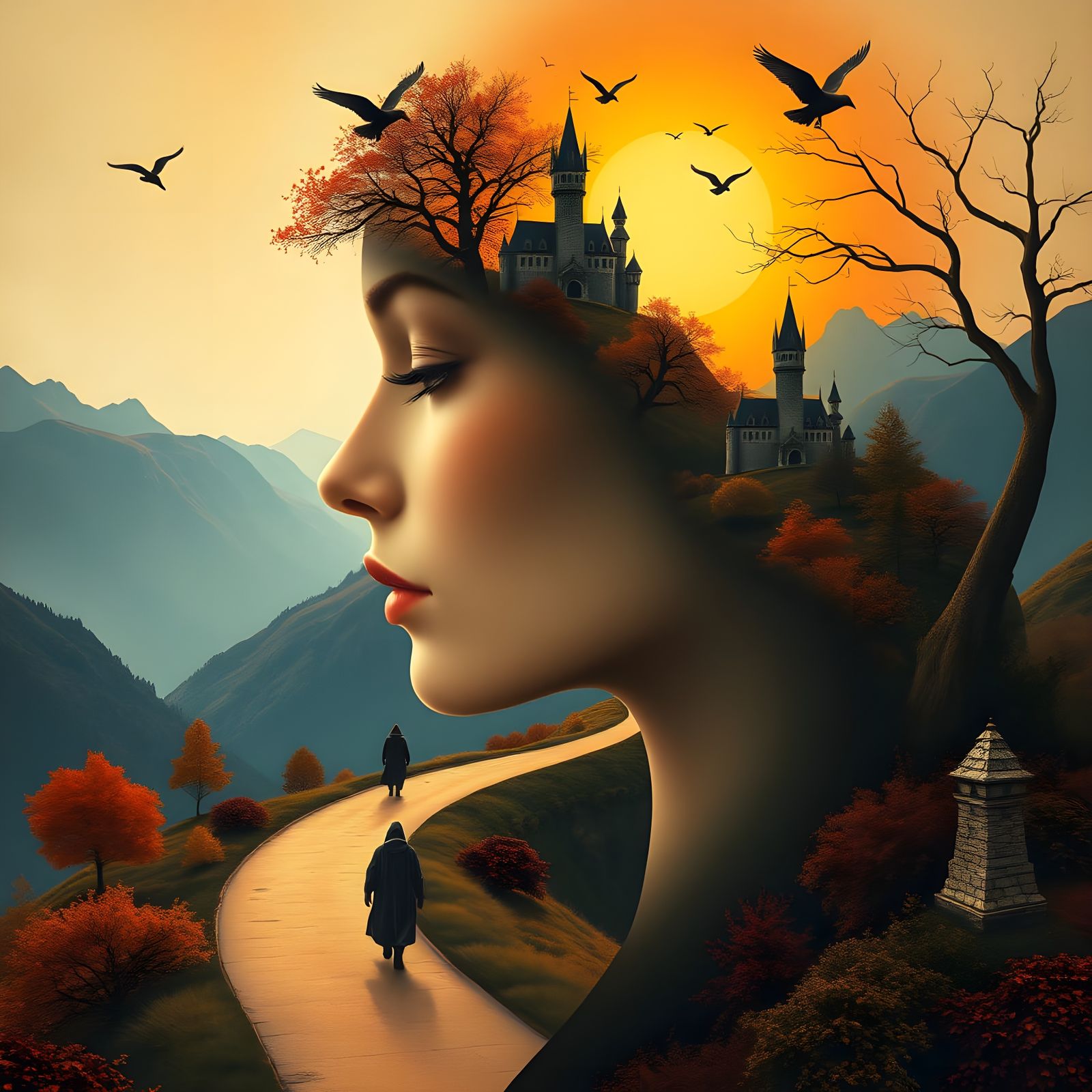 Ethereal Female Profile Transforms into Vibrant Autumn Lands...