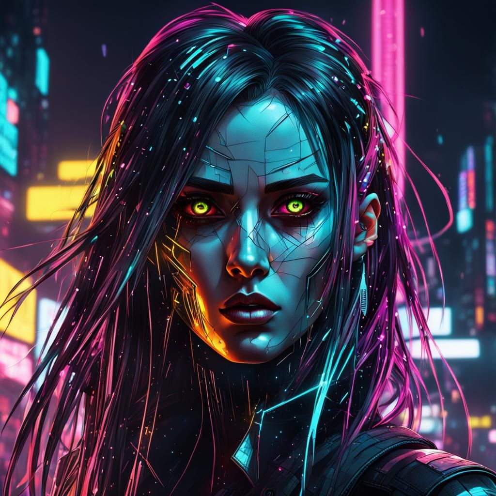 Cyberpunk Girl with Angular Face and Neon Lighting