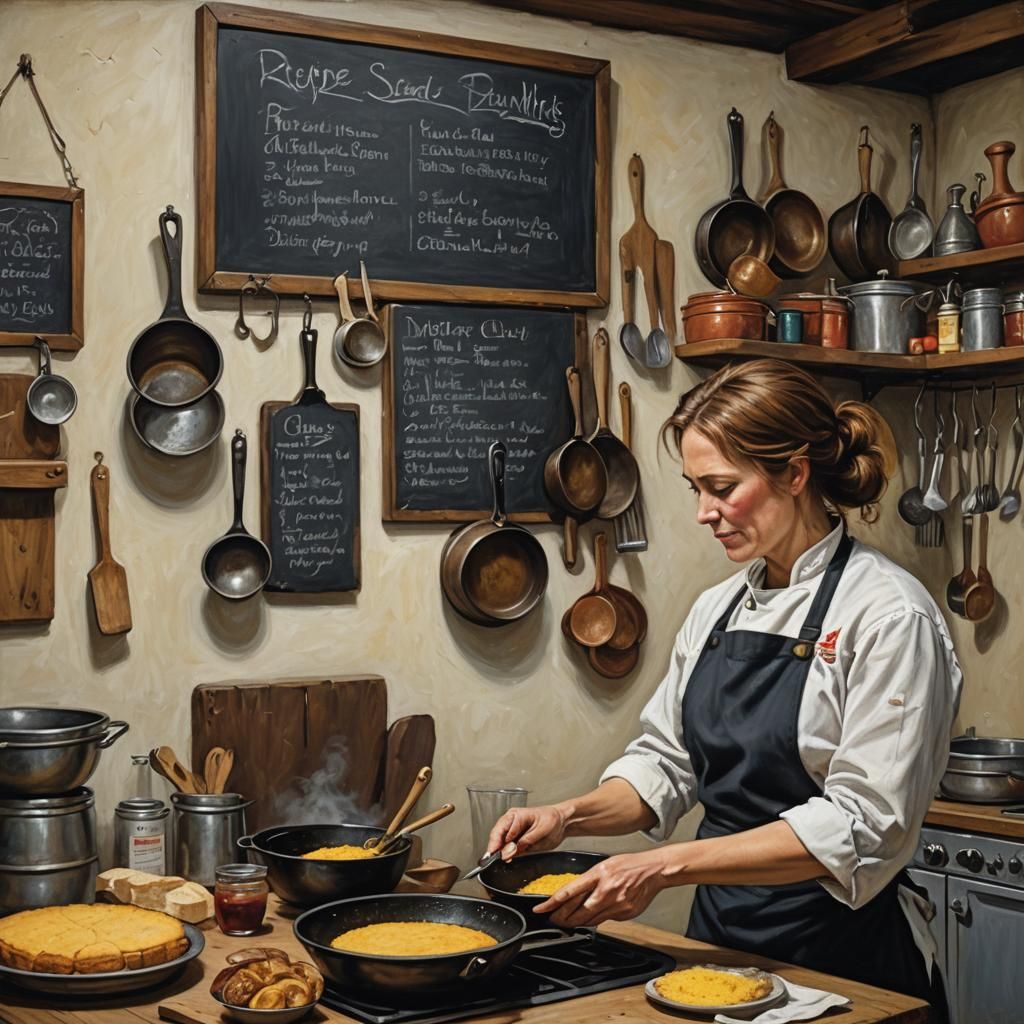 Chef Makes Cornbread in Restaurant, Oil Painting Style