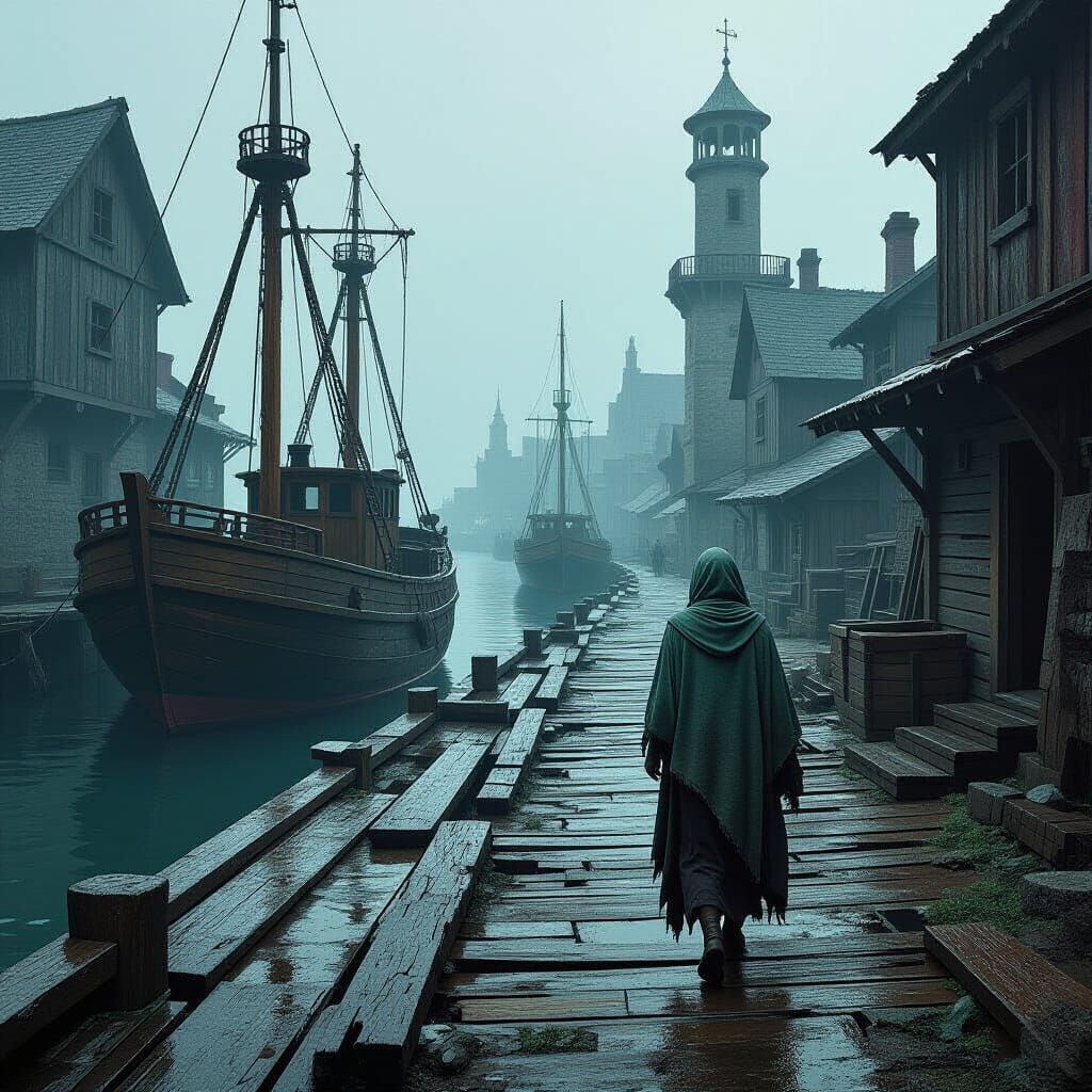 Medieval Dock Scene with Tattered Woman