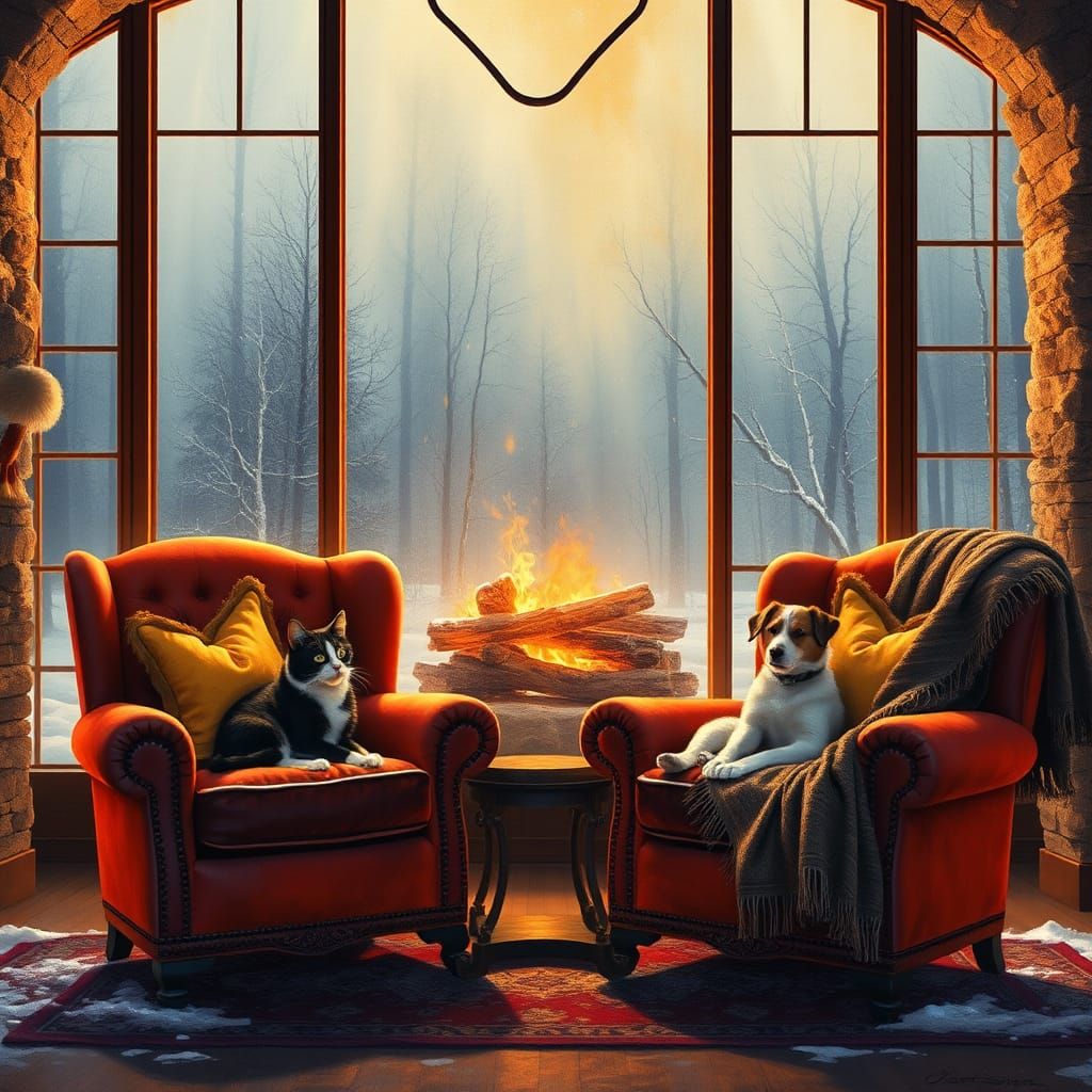 Impressionist Winter Interior with Pets in 8K