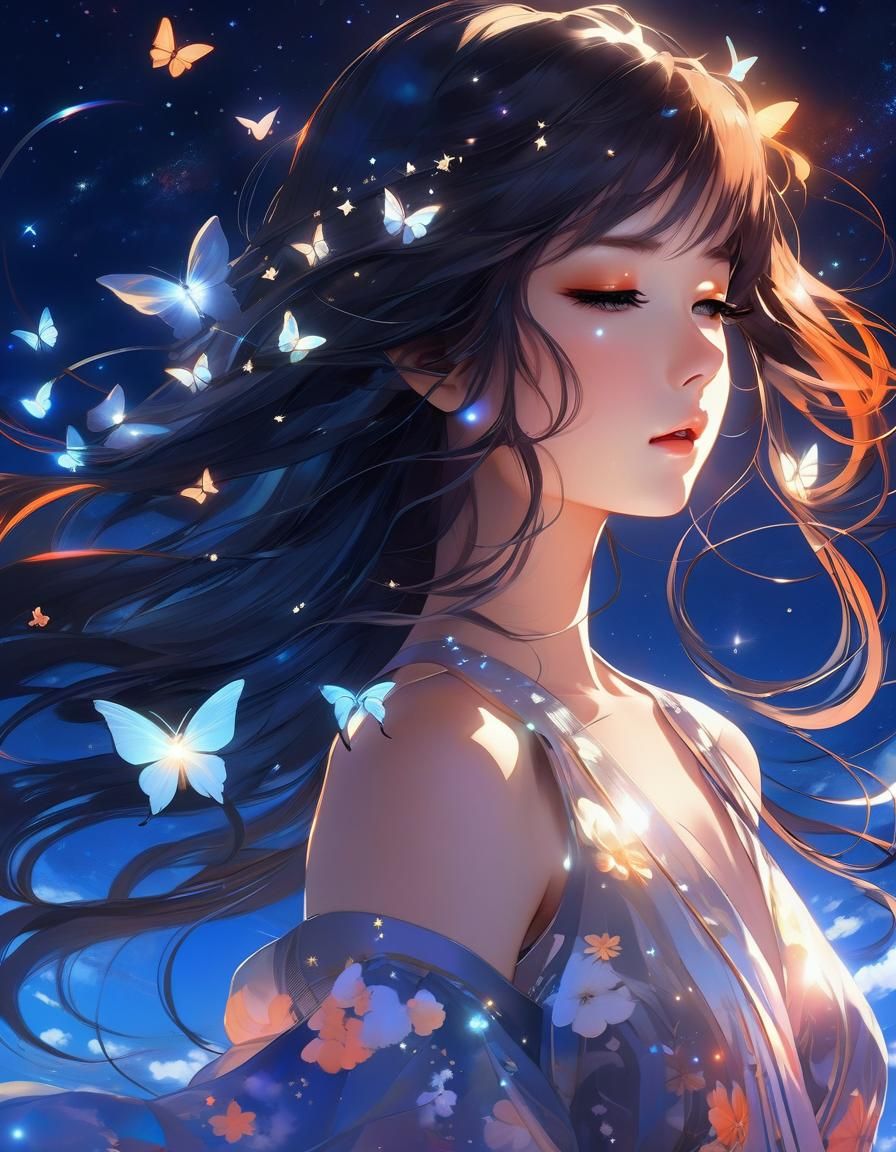 Luminous Manga Portrait of Girl with Butterflies