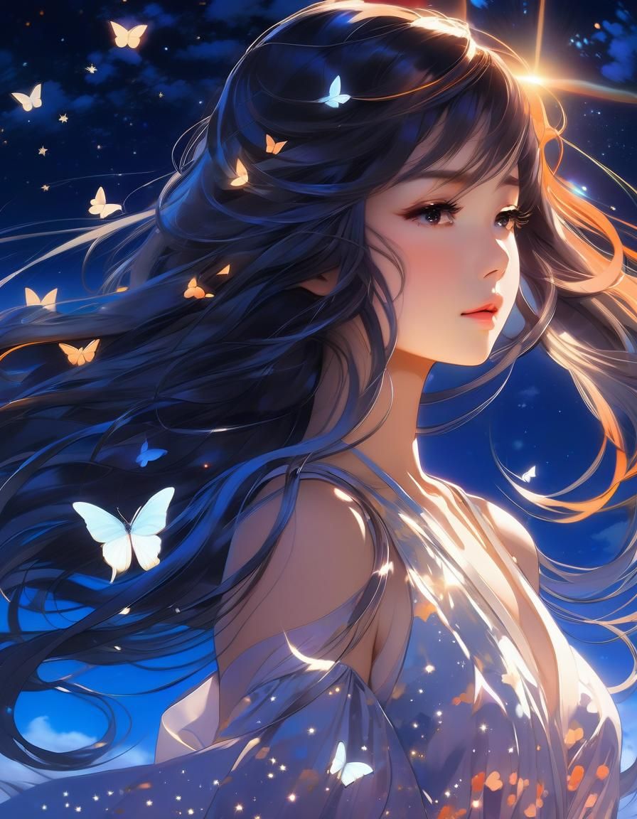 Luminous Girl Portrait with Butterflies in Manga Style