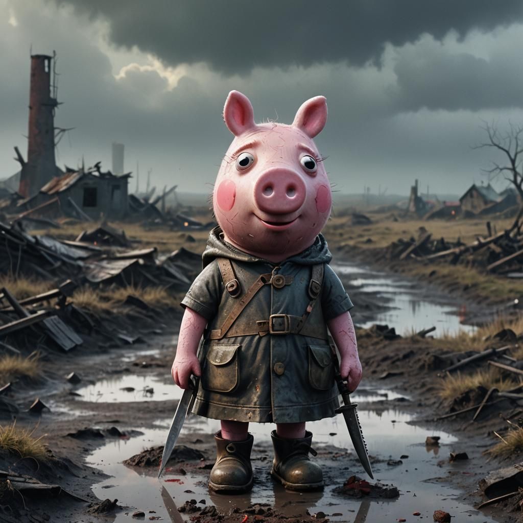 Post-Apocalyptic Peppa Pig in Dark Surrealism Style