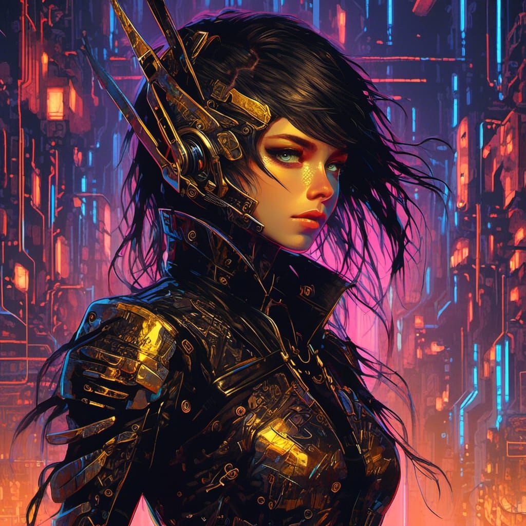 Cyberpunk Pixie Portrait with Neon and Metallic Accents