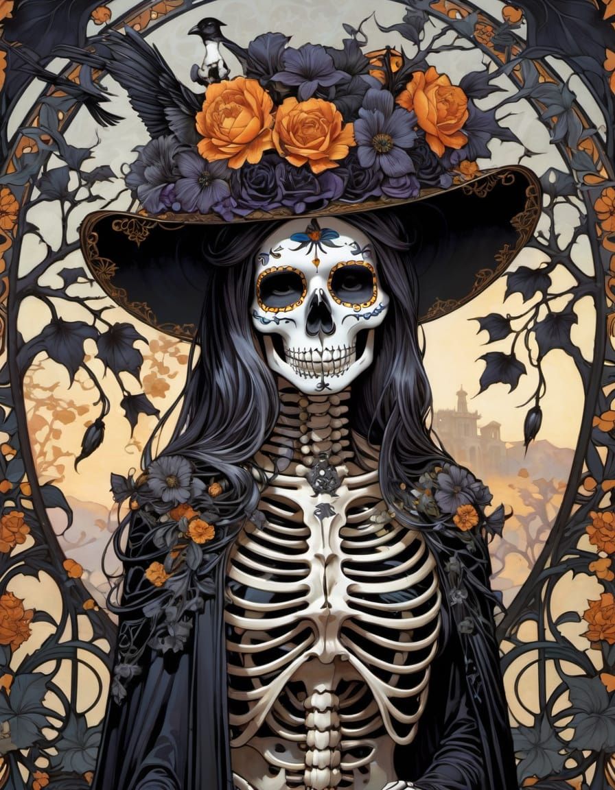 Art Nouveau Skeleton in Dia De Los Muertos Attire