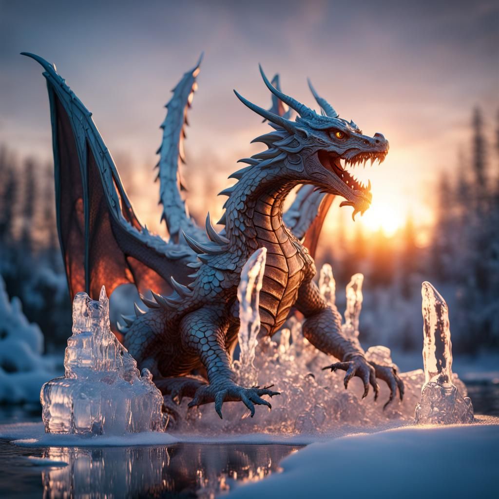 Dragon Ice Sculpture at Sunset: Fantasy Concept Art