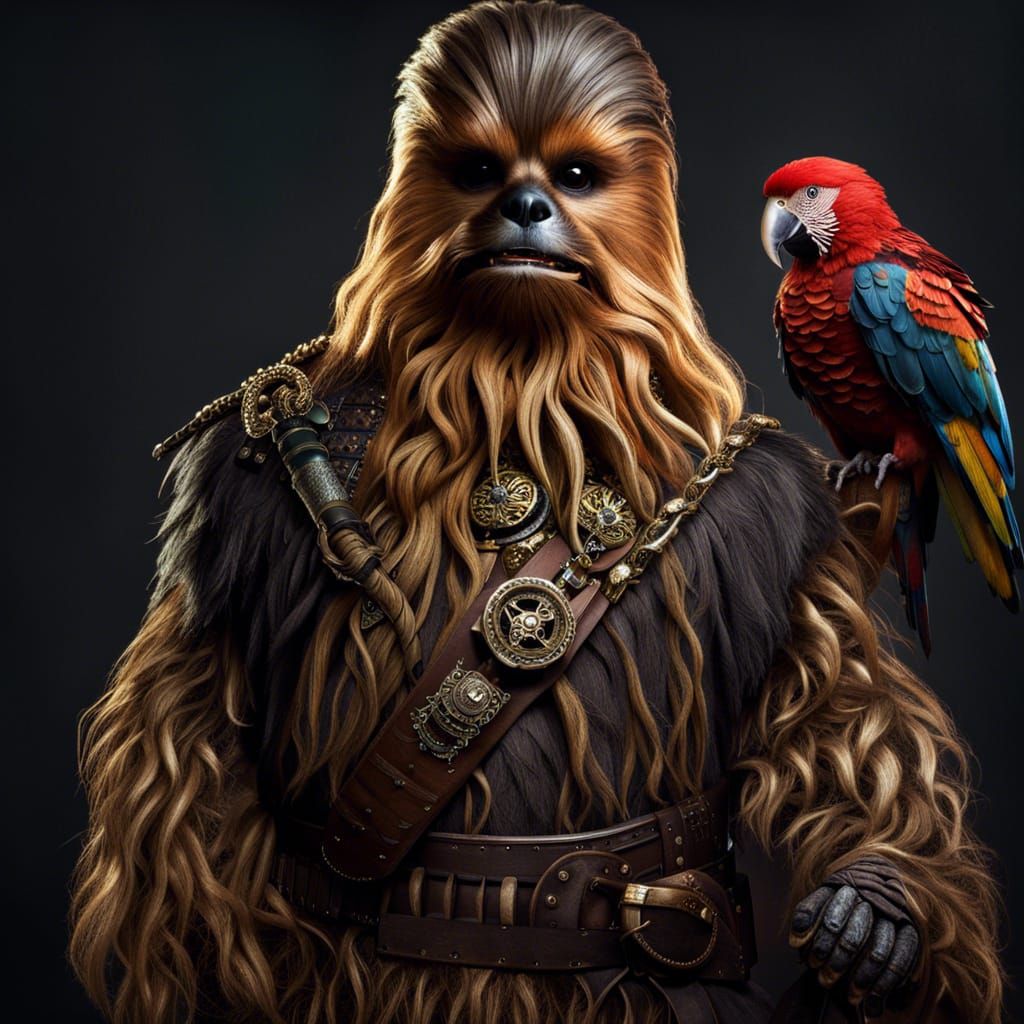 Hyperrealistic Chewbacca as Pirate with Parrot