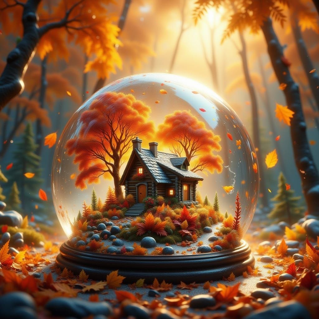 Autumn Leaves Snow Globe With Cozy Cabin