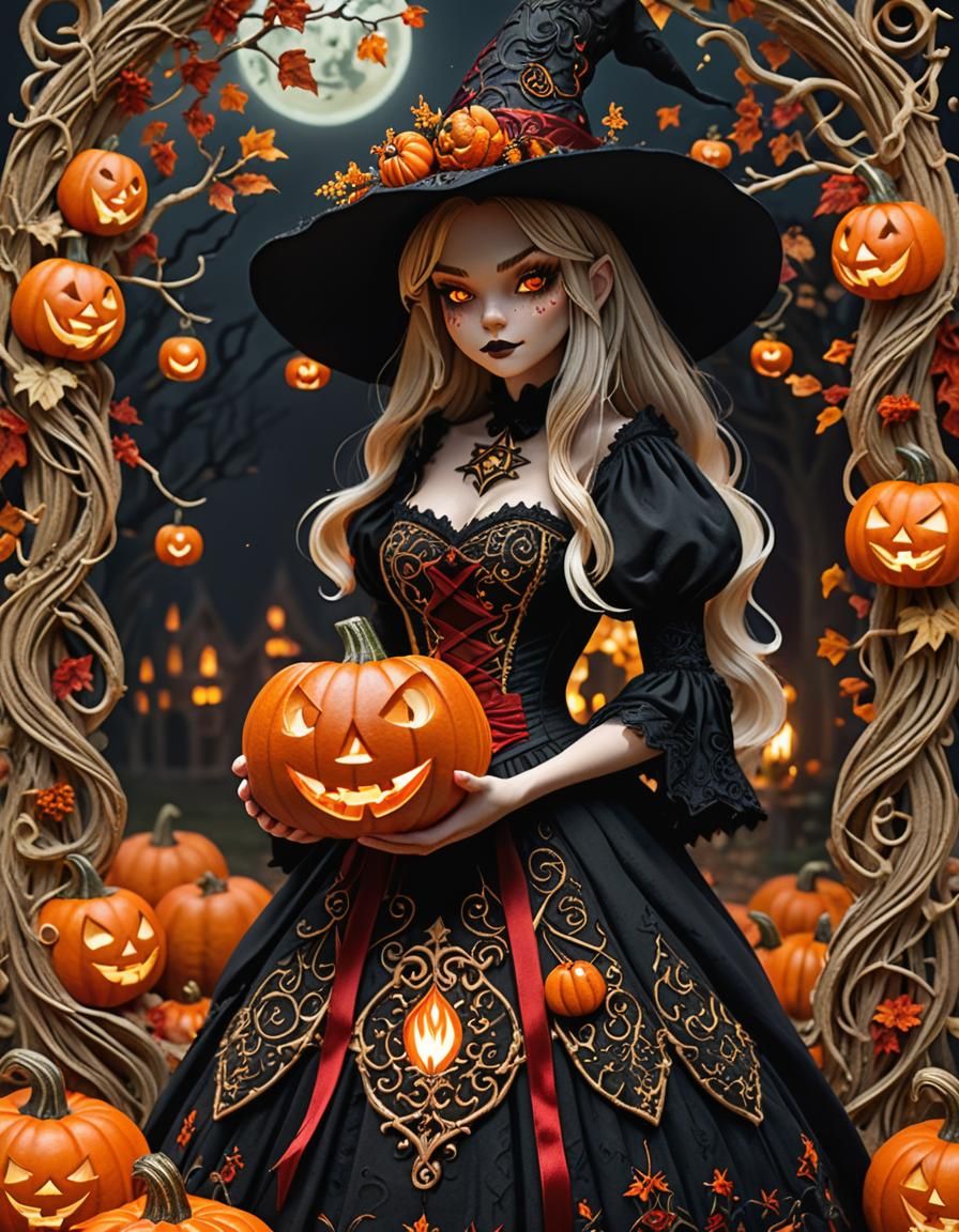 Enchanting Witch with Glowing Jack-o-Lantern in Pumpkin Patc...
