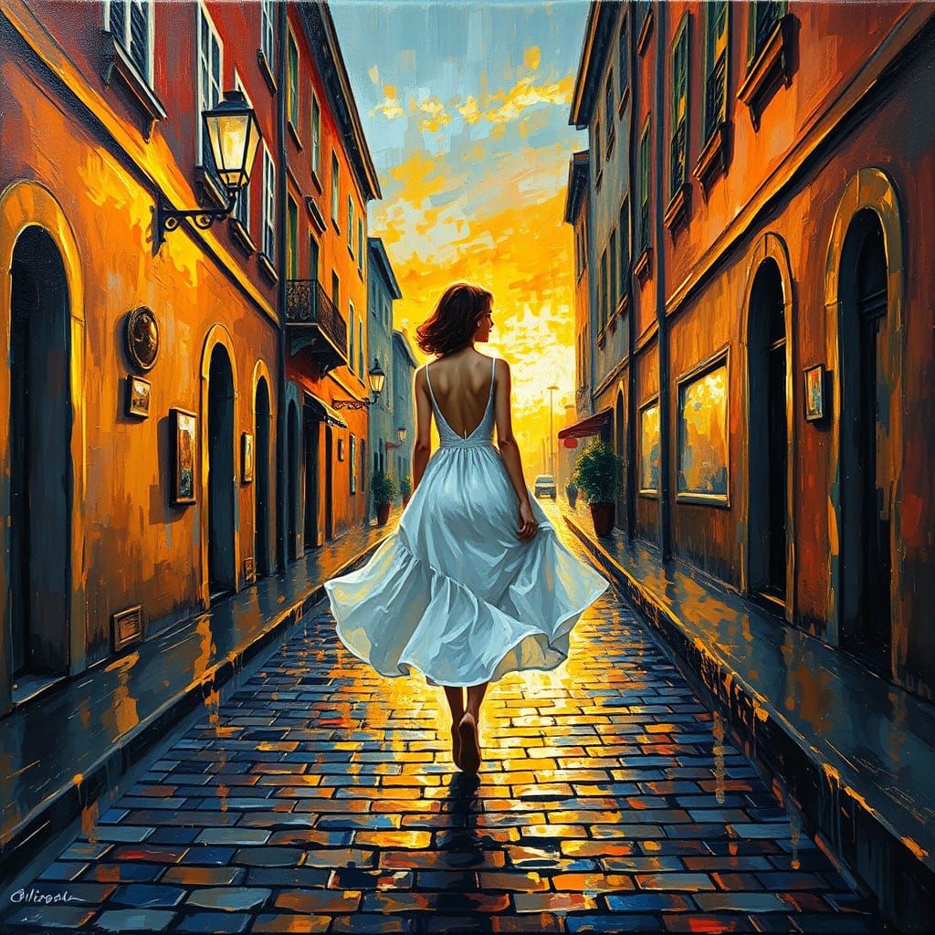 Impressionistic Woman on Rain-Slicked Street at Sunset