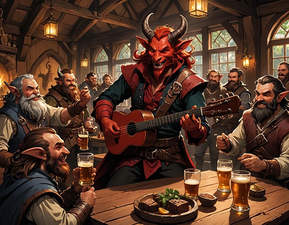 Tiefling Bard Rocks Dwarven Tavern: Anime Style