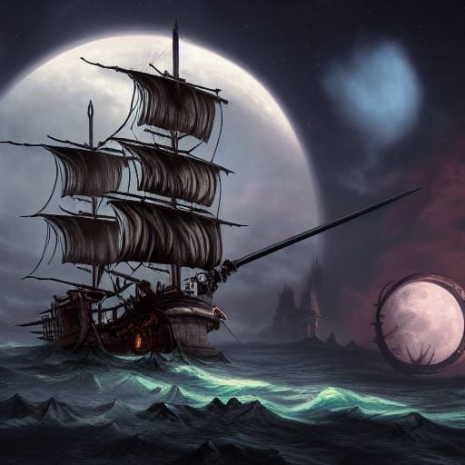 Flying Skeleton Pirate Ship Under Moonlight