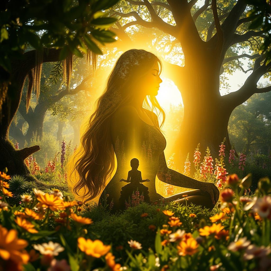 Woman Meditating in Golden Aura Within Lush Garden