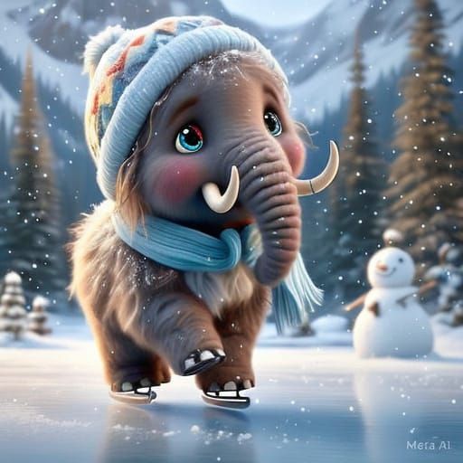 Whimsical Woolly Mammoth Skates on Frozen Lake