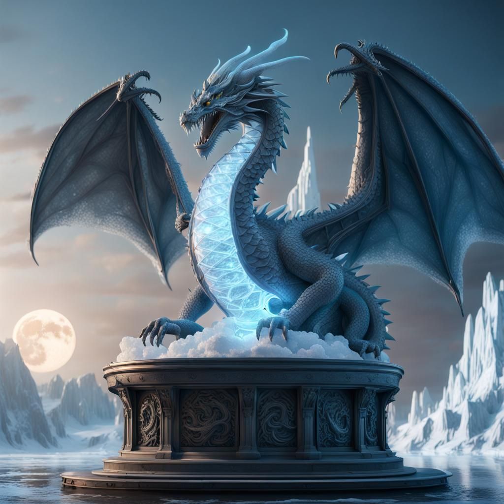 Icy Dragon Sculpture in Moonlight