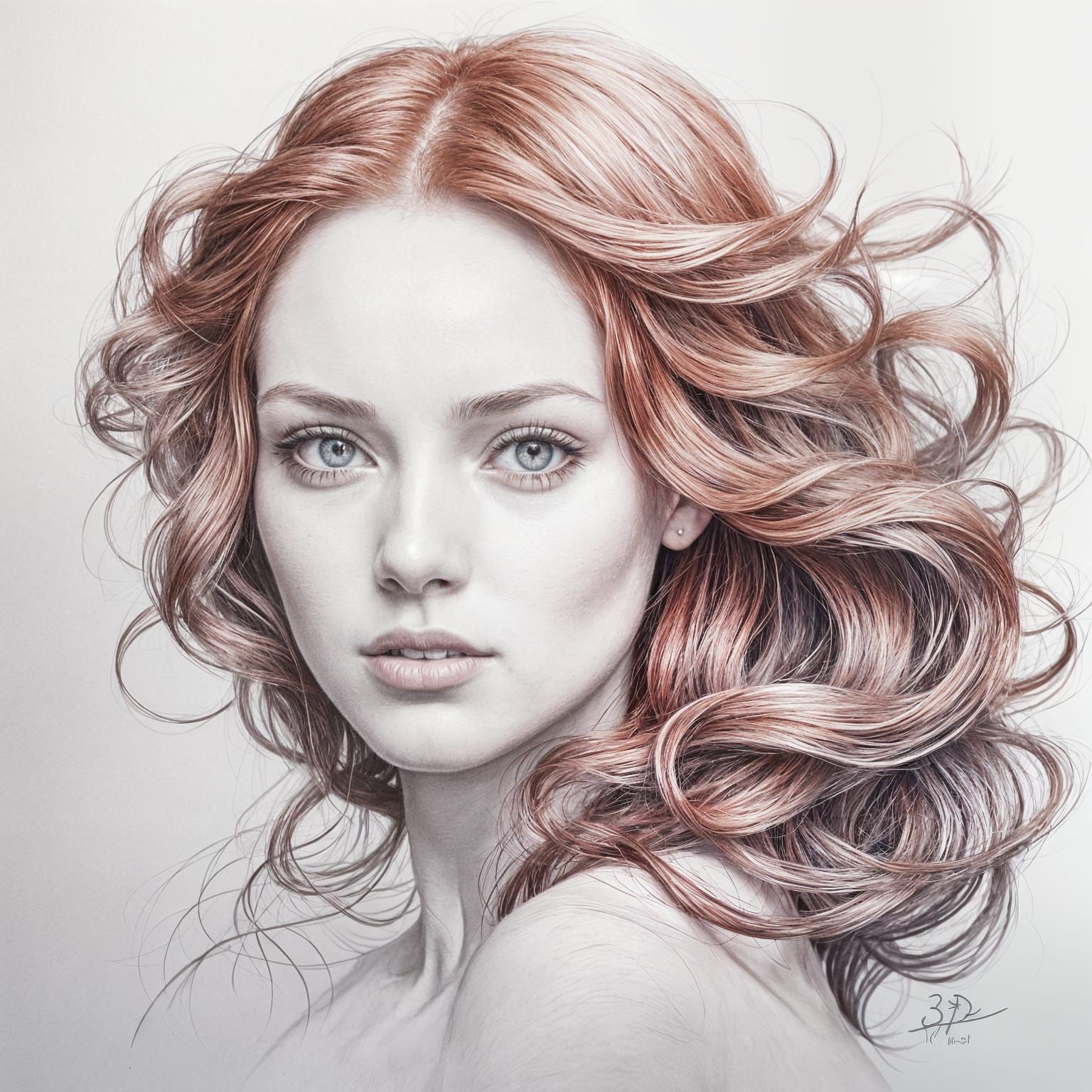 Pencil Sketch of a Girl with Flowing Red Hair