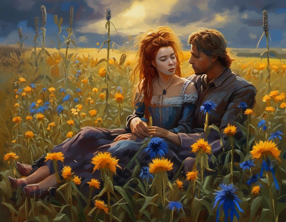 Eerie Sunset: Couple in Cornflower Field