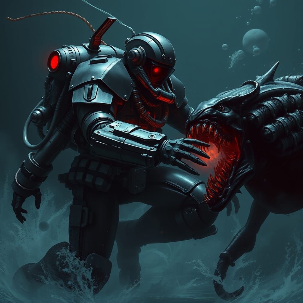 Robot Titan Diver Battles Creature in Dark Depths