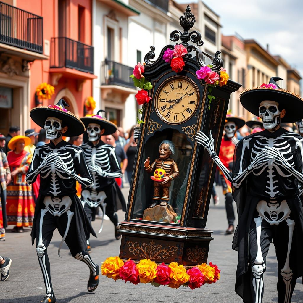 Dia de los Muertos Skeletons Carry Festive Coffin Clock
