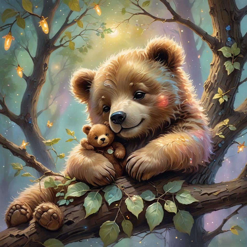 Baby Bear Sleeping: Ethereal Fantasy Oil Painting