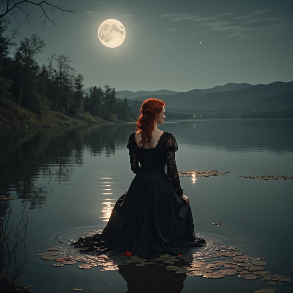 Enigmatic Sorceress by Moonlit Lake: Dark Fantasy Film Still
