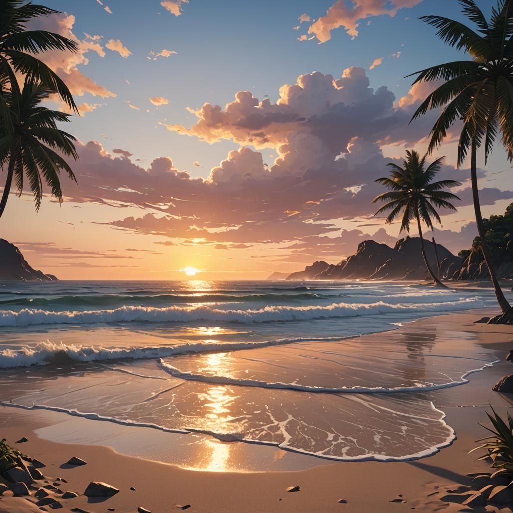 Aesthetic Beach Sunset in Anime Style