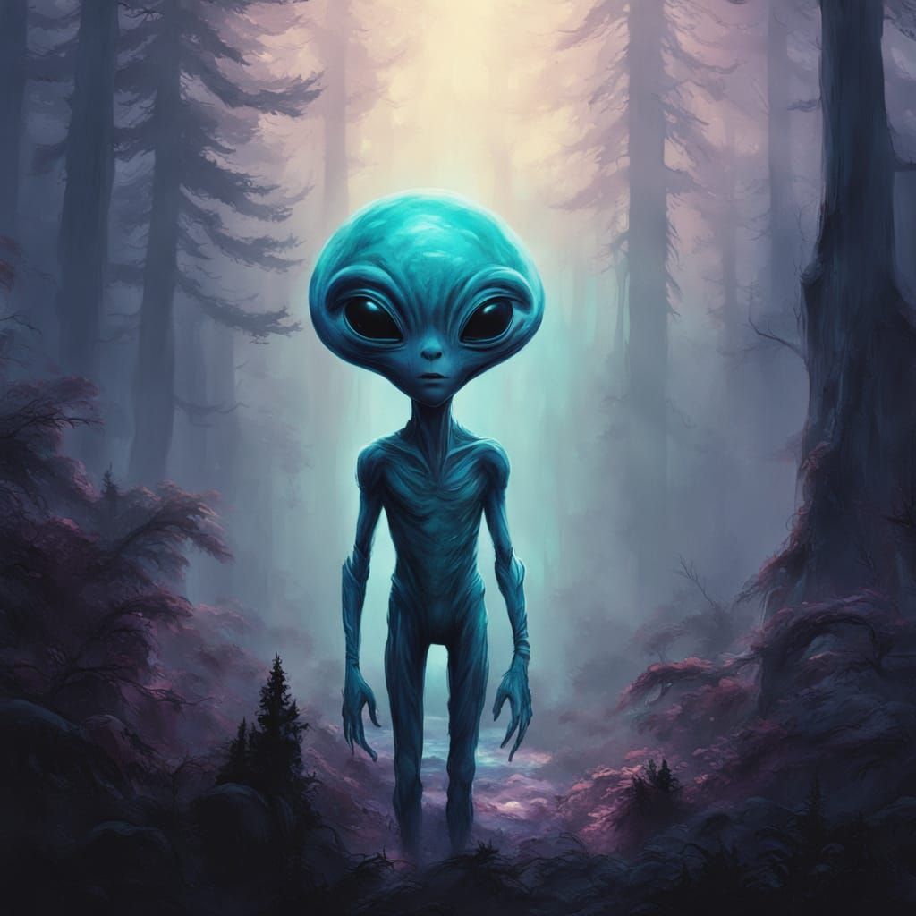 Alien Figure in Mysterious Forest Landscape