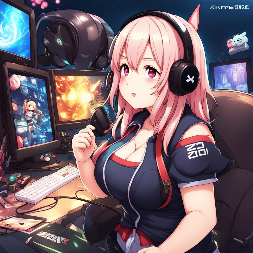 Chubby Gamer Girl in Anime Key Visual Style