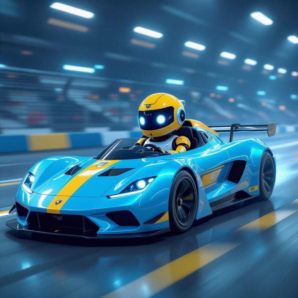 Blue Race Car with Robot Driver in Sci-Fi Style