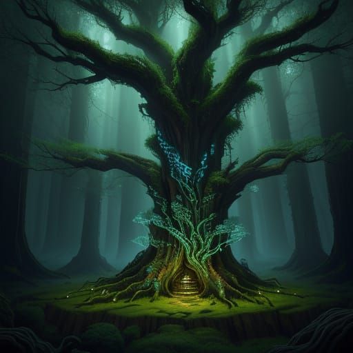 Magical Forest Concept Art with Ancient Glowing Tree