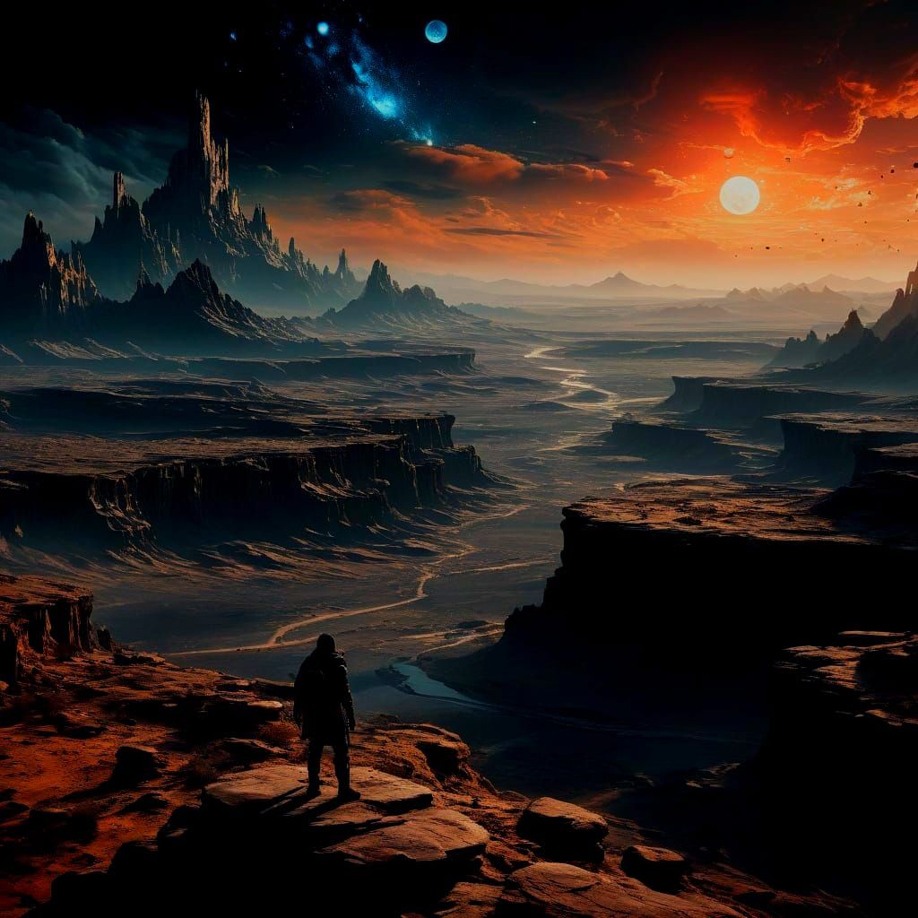 Alien Desert Landscape with Twin Moons and Nebulae