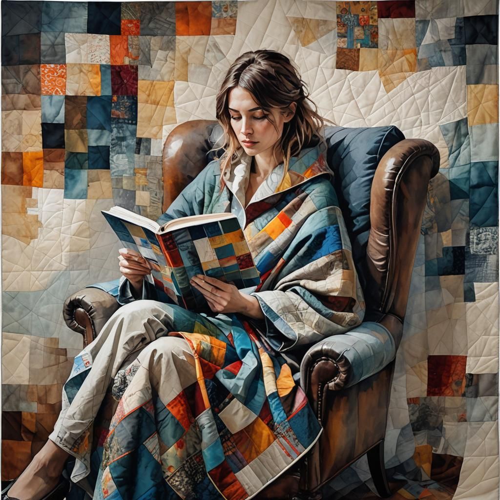 Cozy Woman Reading Book in Surreal Style